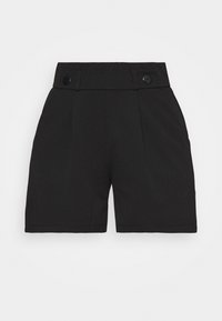 Černé na míru šité šortky z tkané látky, s plochým předním dílem, dvěma knoflíky na pasu a plisovanými detaily.