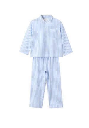 Light blue pajama set with white vertical stripes, long-sleeve button-up top with chest pocket, and matching drawstring pants.