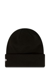 Black knitted beanie with a ribbed texture, folded cuff, and small embroidered logo on the side. Smooth fabric with a snug fit.