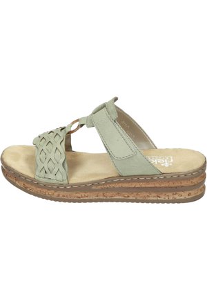 Light green leather sandals with woven upper design, cushioned footbed, and a stacked cork sole. Accented with a decorative loop detail.