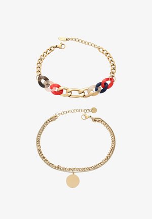 Dwie bransoletki z łańcuszka ze złota, jedna z wielokolorowymi ogniwami z żywicy, druga z okrągłą złotą zawieszką, obie z zapięciem na karabińczyk.