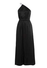 Sort, one-shoulder maxi kjole lavet af satin med elastisk talje og draperet stof, der har en afslappet silhuet og en glat tekstur.