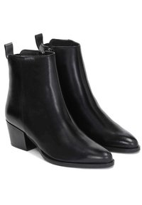 Black leather ankle boots with a sleek silhouette, pointed toe, low block heel, and zipper closure at the back for easy wear.