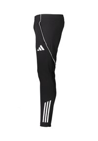 Schwarze Sporthose mit Slim-Fit, aus dehnbarem Material. Verfügt über drei weiße Streifen und ein Logo nahe dem Knie, mit einer weißen Seitennaht.