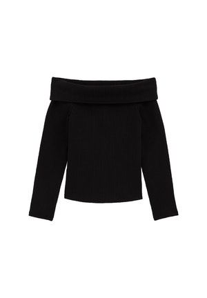 Schwarzes, geripptes Off-Shoulder-Oberteil mit langen Ärmeln und taillierter Passform sowie einem breiten Saum am Ausschnitt. Glatte Textur, minimalistische Details.