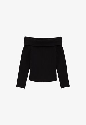 Schwarzes, geripptes Off-Shoulder-Oberteil mit langen Ärmeln und taillierter Passform sowie einem breiten Saum am Ausschnitt. Glatte Textur, minimalistische Details.