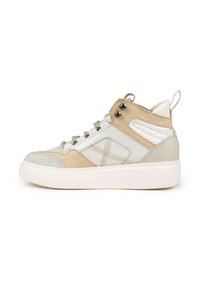 Hochschnittsneaker aus grauem und tanfarbenem Leder mit strukturiertem Finish, Metallösen, kontrastierenden Nähten und einer weißen Gummisohle.