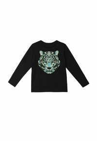Schwarzes Langarm-T-Shirt mit einem geometrischen Tigerkopf-Graphic in Teal- und Weißtönen, aus Baumwolle mit glatter Textur.