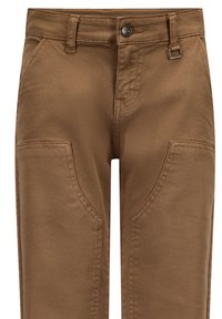 Bruine broek met een gladde textuur, voorzien van een knoopsluiting, riemlussen en zijkanten met afgeronde naden.