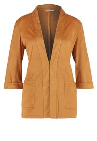 Samskinnsliknande, senapsgul jacka med öppna fram, trekvartsl ånga ärmar och två framfickor. Slät textur och minimal design.