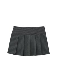 Grå plisseret nederdel med en bred talje. Har lodrette stikninger og en struktureret tekstur. Pleterne er symmetriske, og længden er over midten af låret.