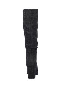 Black over-the-knee boots with ruching, embellished with sequins, featuring a block heel and a smooth upper texture.