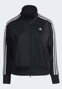 Černá sportovní bunda Adidas s bílými třemi proužky na rukávech, plným předním zipem, vysokým límcem a logem Adidas na levé hrudi.