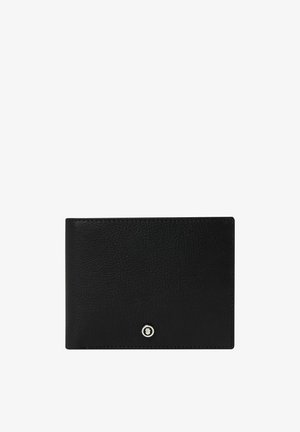 Čierna kožená bifold peňaženka s malým okrúhlym strieborným emblémom v spodnej časti v strede, na bielom pozadí.