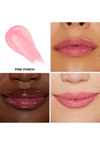Vier lippen zijn afgebeeld in verschillende glansnuances, met aan de linkerkant een roze kleurstaal gelabeld "Pink Punch". De texturen lijken glad en glanzend.