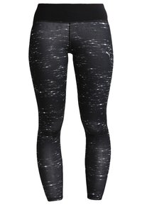 Zwarte legging met een gestructureerd patroon van grijze en witte strepen, met een elastische tailleband en een aansluitend ontwerp.