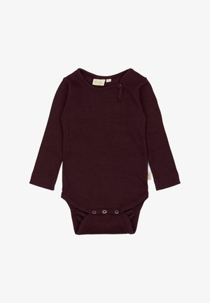 Bodysuit pour bébé à manches longues de couleur violet foncé avec des boutons-pression à la base et un petit bouton près du col.