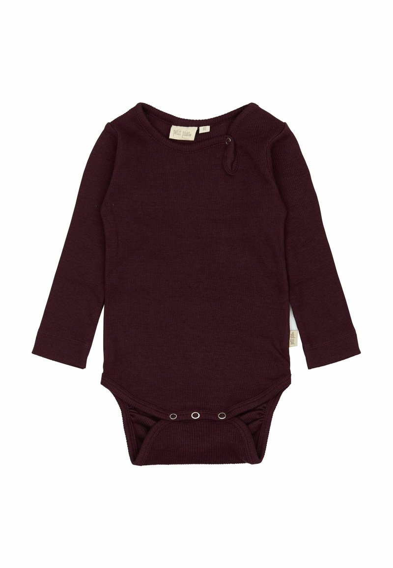 Langarmiger, dunkellila Baby-Body mit Druckknöpfen an der Unterseite und einem kleinen Knopf am Kragen.