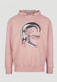 Roze hoodie met een grafische print van een surfer en golfontwerp. Voorzien van een kangoeroezak, geribbelde manchetten en een capuchon met trekkoord.