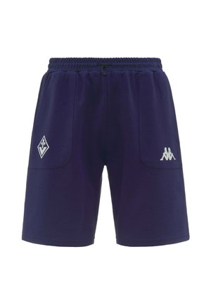 Pantaloncini sportivi blu navy con fascia elastica in vita, due tasche frontali, logo bianco Kappa sulla tasca destra e stemma della Fiorentina sulla tasca sinistra.