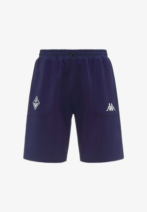 Pantaloncini sportivi blu navy con fascia elastica in vita, due tasche frontali, logo bianco Kappa sulla tasca destra e stemma della Fiorentina sulla tasca sinistra.
