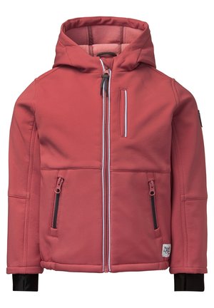 Czerwona kurtka z kapturem, z przednim zamkiem błyskawicznym, kieszenią na piersi, dwoma zapinanymi na zamek bocznymi kieszeniami oraz czarnymi, wewnętrznymi mankietami przy nadgarstkach.