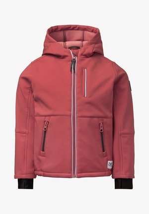 Giacca rossa con cappuccio, zip frontale, tasca sul petto, due tasche laterali con cerniera e polsini interni neri ai polsi.