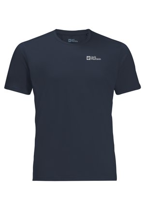 T-shirt leggero blu navy realizzato in tessuto traspirante, con collo rotondo, maniche corte e un piccolo logo sul petto.