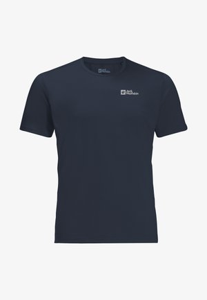 Lichtgewicht marineblau t-shirt van ademend materiaal, met een ronde hals, korte mouwen en een klein logo op de borst.