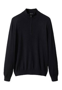 Maglione nero a maniche lunghe con polsini e orlo a coste, caratterizzato da una zip corta sul colletto alla coreana.