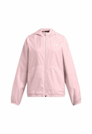 Lys pink windbreaker jakke lavet af glat stof, der har lynlås foran, elastiske manchetter og hætte, med et lille logo på brystet.