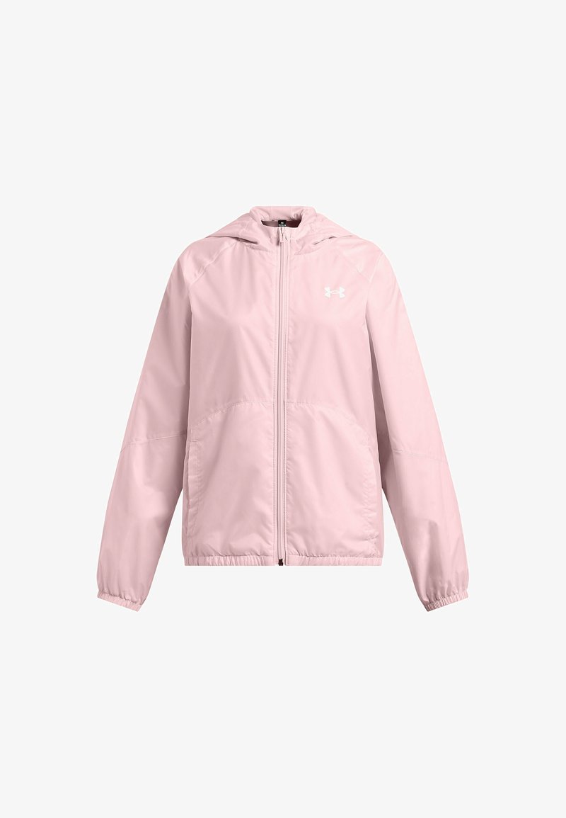 Light pink windbreaker jacket made from smooth fabric, featuring a zip front, elastic cuffs, and a hood, with a small logo on the chest.