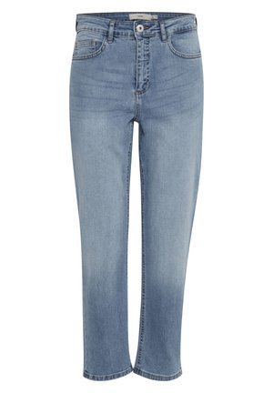Jean en denim bleu clair à taille haute, jambes droites et finition délavée. Comprend des poches avant et une fermeture à un bouton.