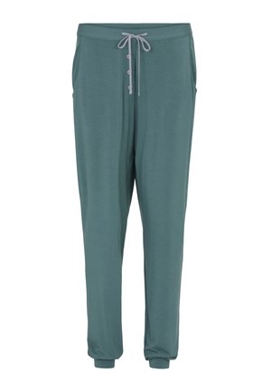 Spodnie dresowe w kolorze morskim z elastycznymi mankietami, bocznymi kieszeniami, trzema guzikami z przodu oraz szarym sznurkiem w talii.