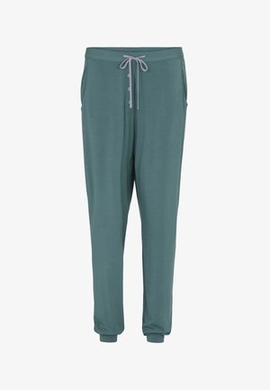 Spodnie dresowe w kolorze morskim z elastycznymi mankietami, bocznymi kieszeniami, trzema guzikami z przodu oraz szarym sznurkiem w talii.