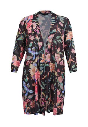 Blomstret kimono i let sort stof med livlige pink og blå blomster og fugle, med åben front og trekvartærmer.