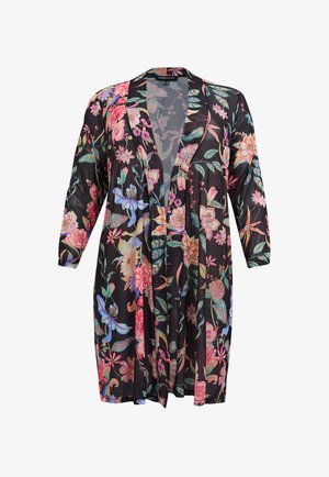 Floraler Kimono aus leichtem schwarzem Stoff, mit lebhaften pinken und blauen Blumen und Vögeln, offenem Vorderteil und Dreiviertelärmeln.