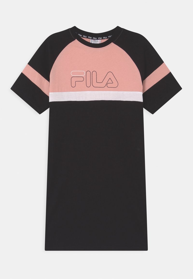 Robe courte à manches courtes noire et rose avec une bande blanche et le logo FILA sur la poitrine, manches raglan avec bandes roses.