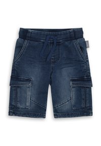 Pantaloni cargo in denim di colore blu scuro, con cintura elasticizzata e coulisse, due tasche frontali e due tasche cargo laterali. Tessuto liscio, design casual.