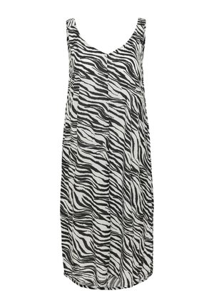 Sort-hvid zebra mønster kjole med scoop halsudskæring, uden ærmer og en afslappet pasform; har plisseringer for ekstra tekstur og bevægelse.