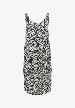 Sort-hvid zebra mønster kjole med scoop halsudskæring, uden ærmer og en afslappet pasform; har plisseringer for ekstra tekstur og bevægelse.