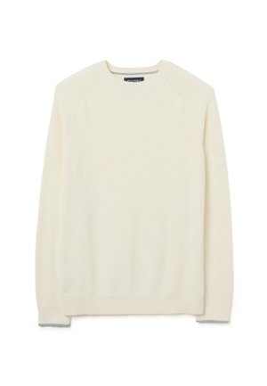 Cremfarbener Strickpullover mit gerippter Textur, runder Ausschnitt und Raglanärmeln. Die Bündchen zeigen einen kontrastierenden hellgrauen Akzent.