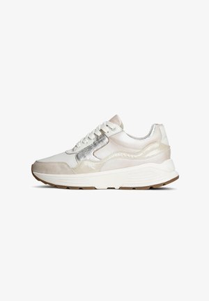 White and light beige sneaker with metallic silver accents, textured panels, round toe, lace closure, and a thick white sole with a gum outsole.