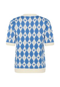 Kék-fehér kötött rövid ujjú pulóver gyémántmintával és apró szív motívumokkal. Bordás nyakkivágás és mandzsetták.