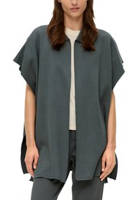 Grijze, oversized kimono-stijl poncho met een ronde kraag en zonder sluitingen. Gemaakt van zachte, gestructureerde stof, geschikt voor lagen-overlagen.