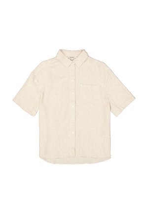 Chemise à manches courtes en lin beige clair. Comprend un col, une poche poitrine simple et un tissu lisse et texturé.
