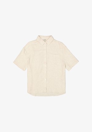 Korte mouwen, knoopsluiting shirt in lichtbeige linnen. Heeft een kraag, een enkele borstzak en een soepele, gestructureerde stof.