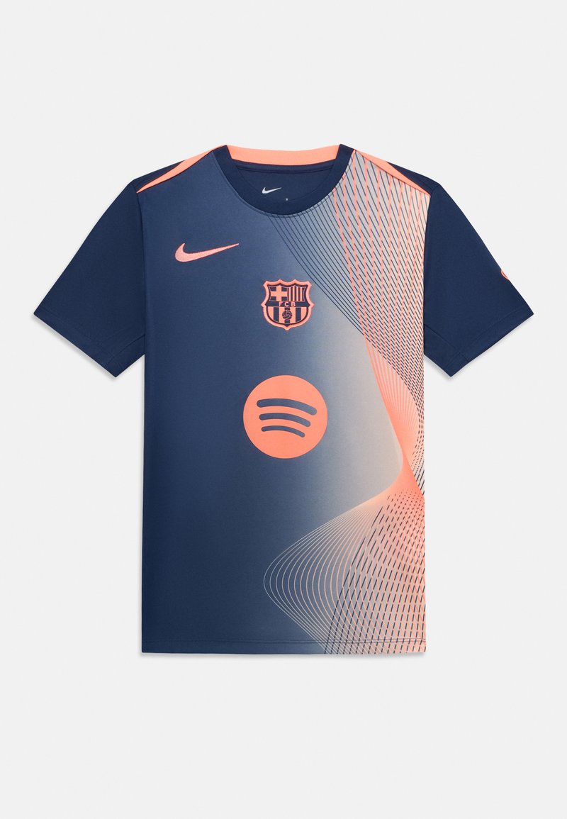 Lyhythihainen tummansininen jalkapallopaita, jossa on gradienttimuotoilu oransseilla yksityiskohdilla, Nike-logo, FC Barcelonan vaakuna ja Spotify-graafinen kuva.