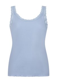 Lichtblauw tanktop met ribbelstructuur, golvende kantafwerking op de schouderbanden en een aansluitende vorm met een gebogen zoom.