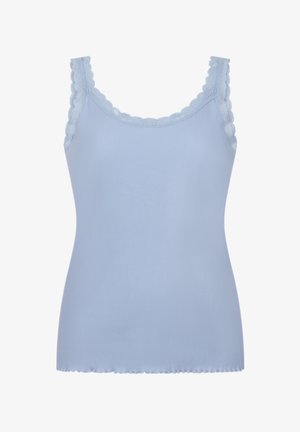 Lichtblauw tanktop met ribbelstructuur, golvende kantafwerking op de schouderbanden en een aansluitende vorm met een gebogen zoom.